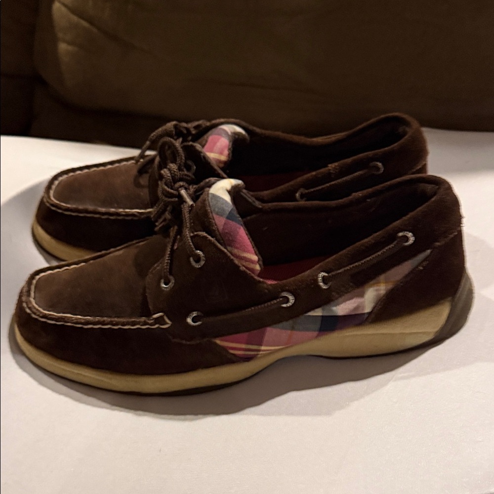 Sperry Brown Suede Boat Shoes with Plaid Detail